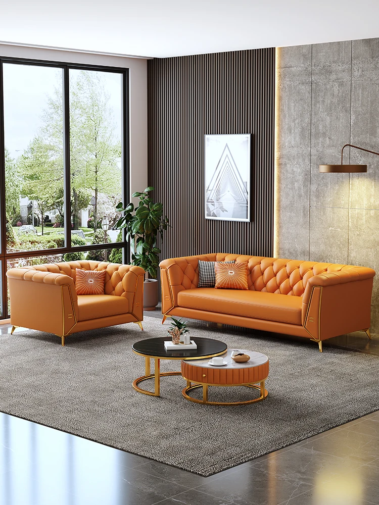 

American light luxury sofa living room small apartment Internet celebrity high-end buckle beauty salon leather art three orange