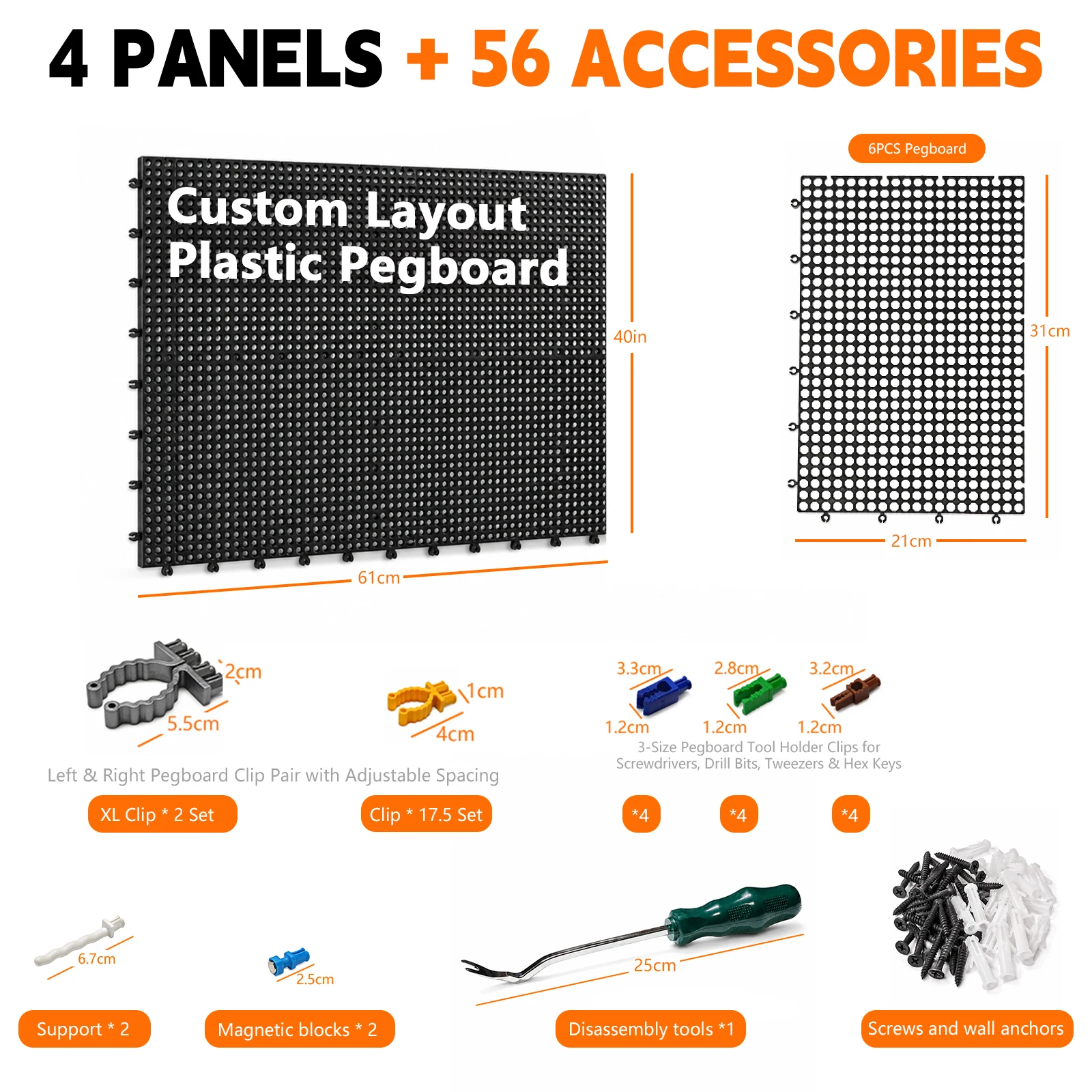Plastic Pegboard Wall Organizer Kit, 4 Black Panels 40 x 61 cm, 56 Accessories with Hooks, Clips, Bins & Holders, Modular Tool S