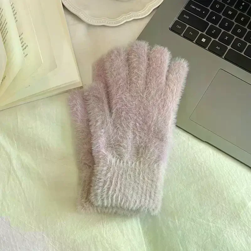 تقليد فرو المنك قفازات محبوكة شتاء دافئ سميكة المخملية خمسة أصابع قفازات النساء في الهواء الطلق الدراجات بلون القفازات #5