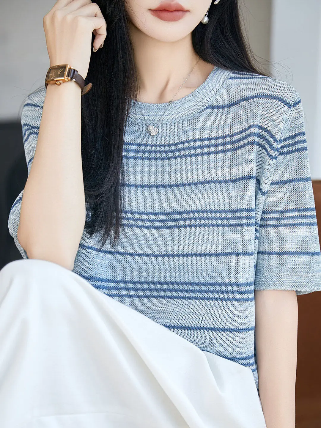 

Summer Thin Ice Silk Knitted T-Shirt Women's Short Sleeve Casual Loose Fit Slimming Stripe Pattern Breathable Comfortable Top