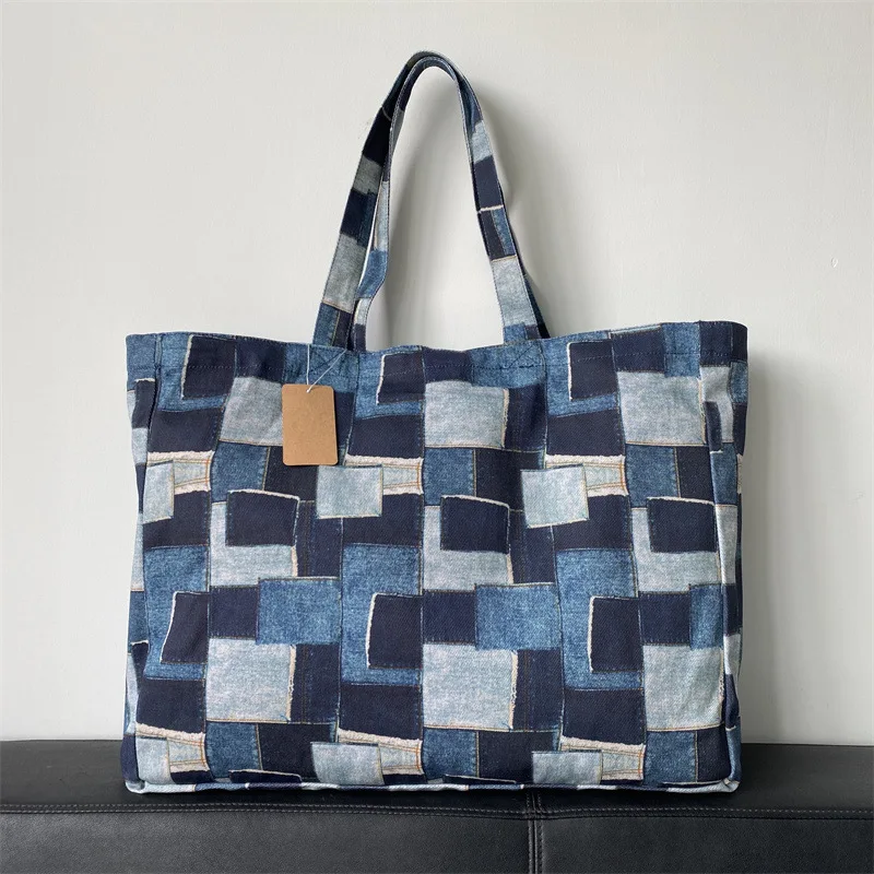 

Fashionable stitching plaid large capacity handbag shoulder bag denim canvas bag shopping bag