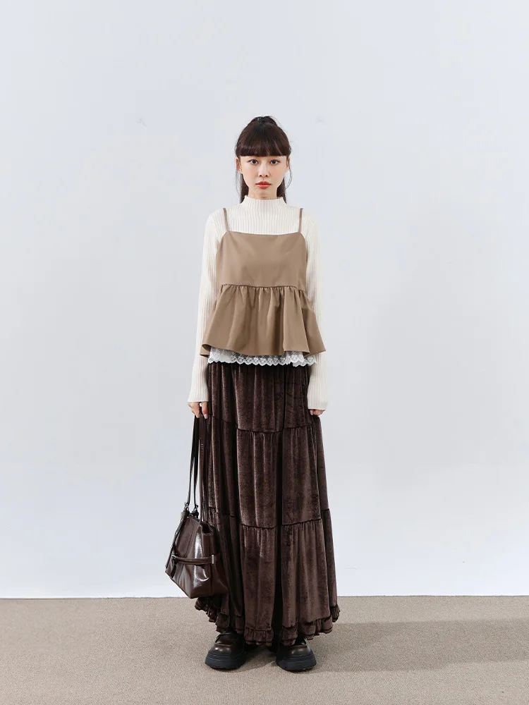 

Новая женская длинная плиссированная юбка Queenop из флиса с бархатной текстурой, повседневная, со средней талией, на резинке, из смесового хлопка и полиэстера, осень-зима