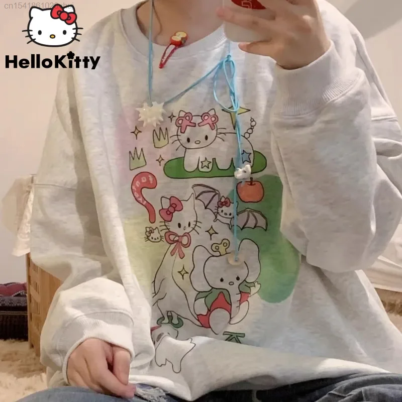 Sanrio Hello Kitty New Funny Printed Hoodie Round Neck Pullover Long Sleeve Top Y2k Cute 90s Vintage Gothic Shirt Girls Y 2k