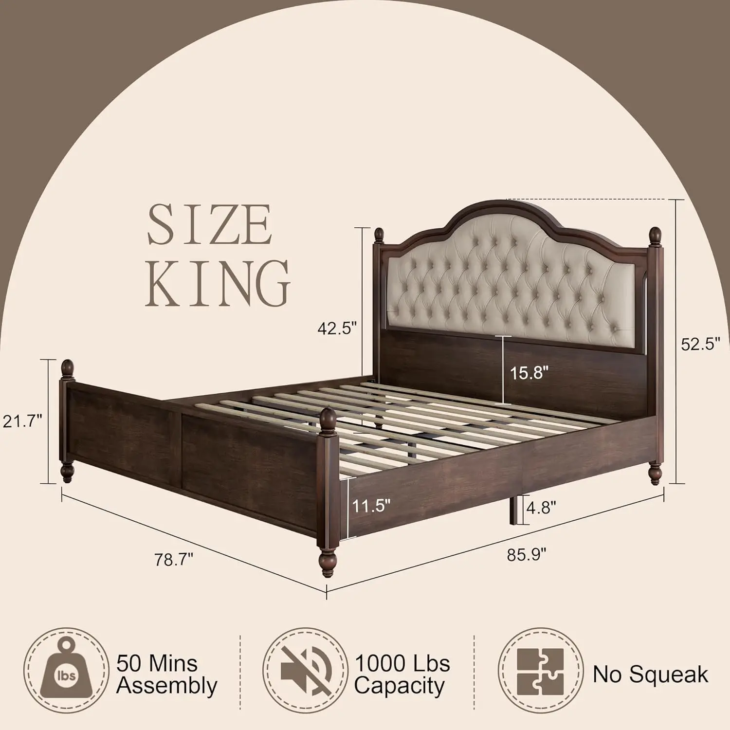 AMERLIFE King Size Solid Wood Bed Frame, Transitional Platform Bed with 52.5