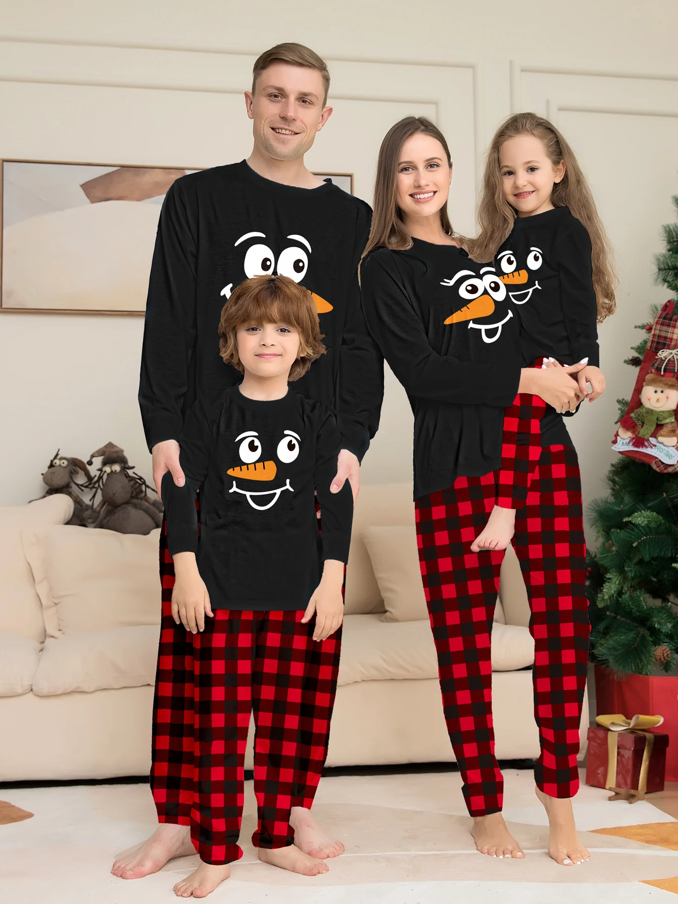Family Christmas Pajamas Matching Parent-child Sleepwear Black Red Plaid Snowman Face Print Xmas Gift Men Women Kids