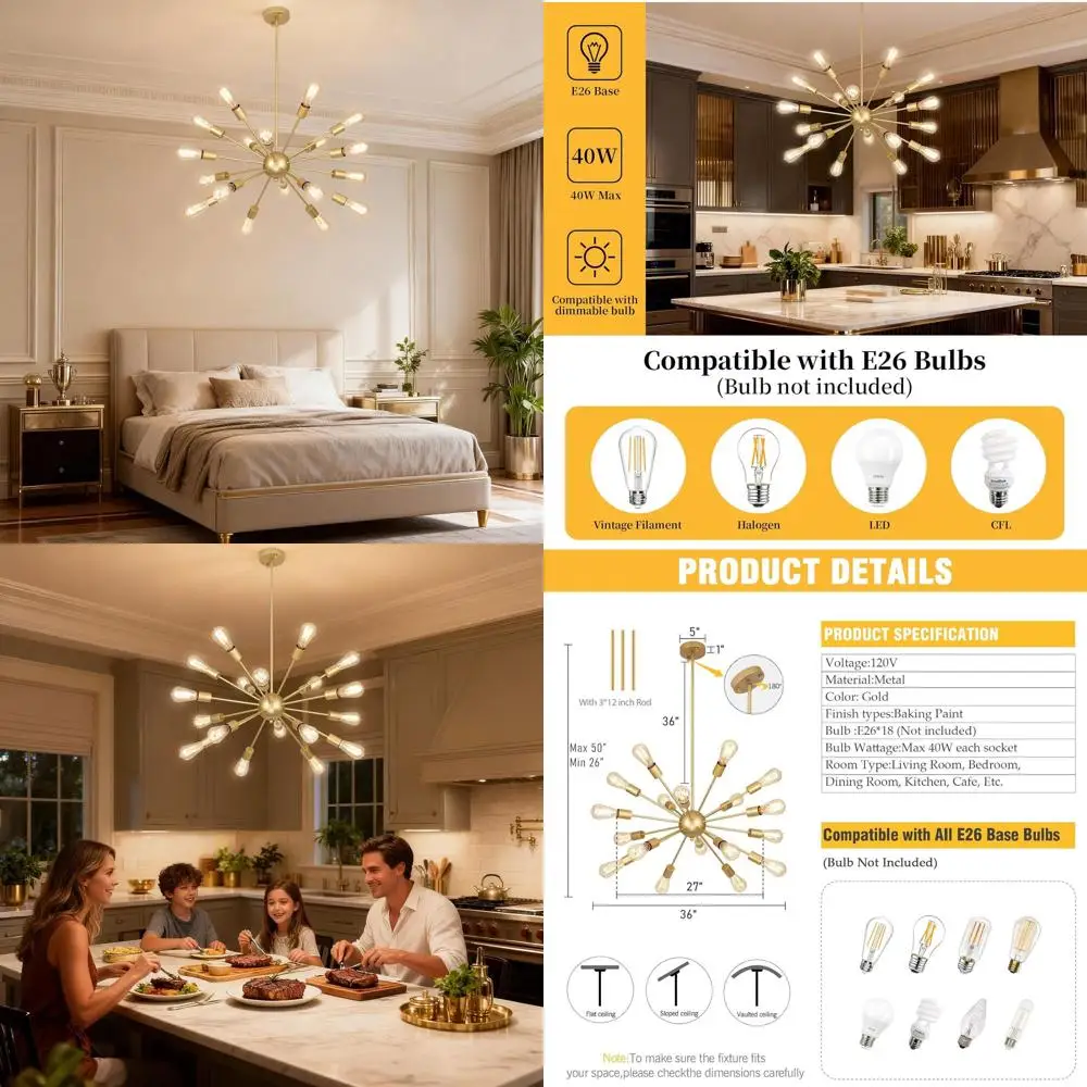 

Элегантная золотая люстра-спутник на 18 ламп для столовой и гостиной, идеально подходит над обеденным столом, кухонным островом и в прихожую