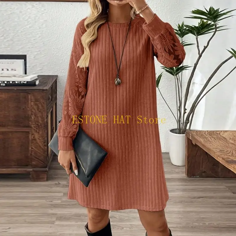 49MF ชุดเดรสแขนยาว ชุดเดรสฤดูใบไม้ร่วง ลูกไม้แขนยาวรอบคอ ชุดเดรสเอว ผู้หญิงชุดลำลอง