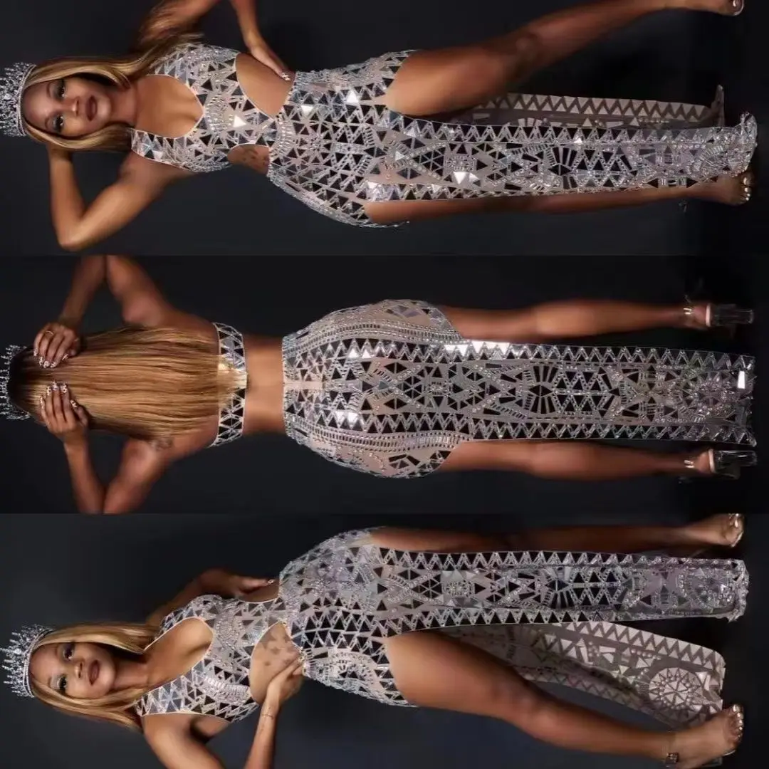 Silver Mirrors Dress  Graduation Rhinestones Long Dress Stage Wear Birthday Prom Sequins Outfit Singer Model Show Sexy Costume