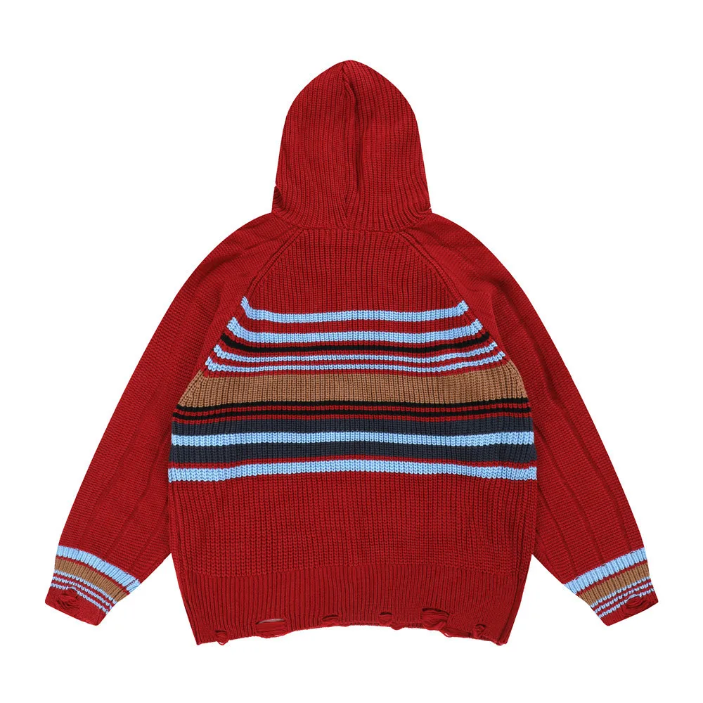 Men's Striped Hooded Pullover High Street Retro Tattered O-neck Sweater Fashion Harajuku Casual Comfortable Couple Knit Autumn