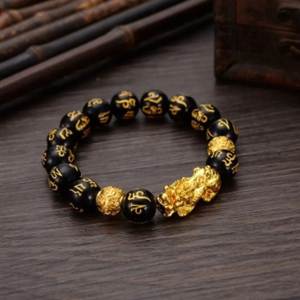 Feng Shui Gelang Manik-manik Batu Obsidian Gelang Pria Wanita Uniseks Gelang Emas Hitam Pixiu Kekayaan dan Keberuntungan Wanita Gelang