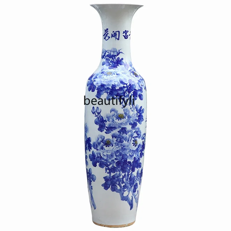 Ceramics 1.6 meters hand-painted blue and white peony floor-to-ceiling large vase Chinese-style ornament, opening decoration