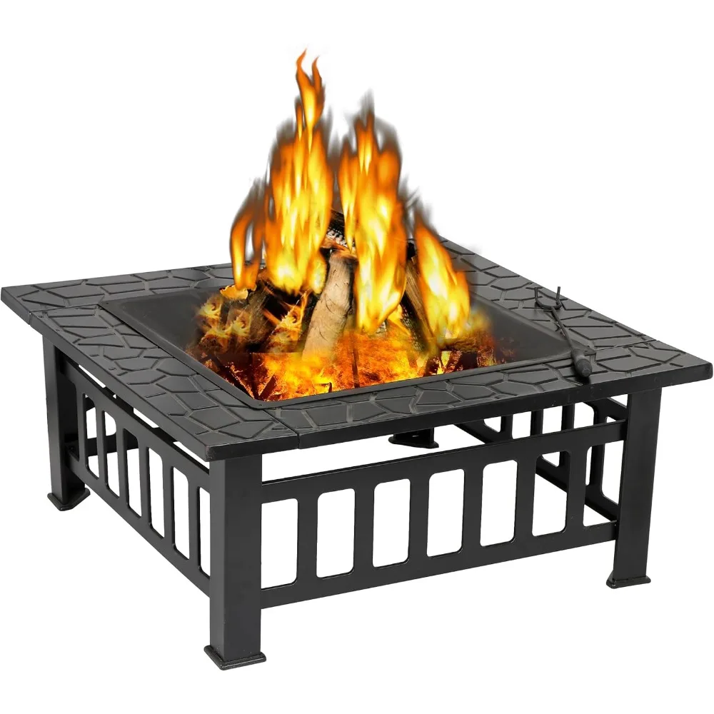 

32in Outdoor Fire Pits Outside Wood Burning Firepit Square Metal Fireplace Table Fire Bowl with Grill,Screen and Poker