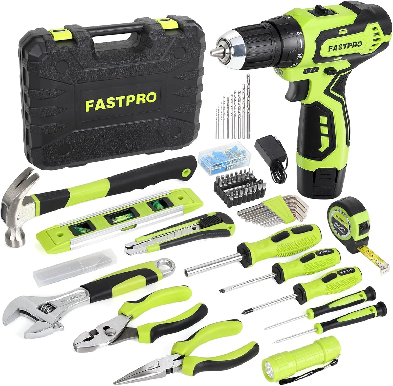

160-Piece Home Tool Kit with 12V Cordless Drill Driver, Lithium-Ion, DIY Repair Set, Storage Case, Green