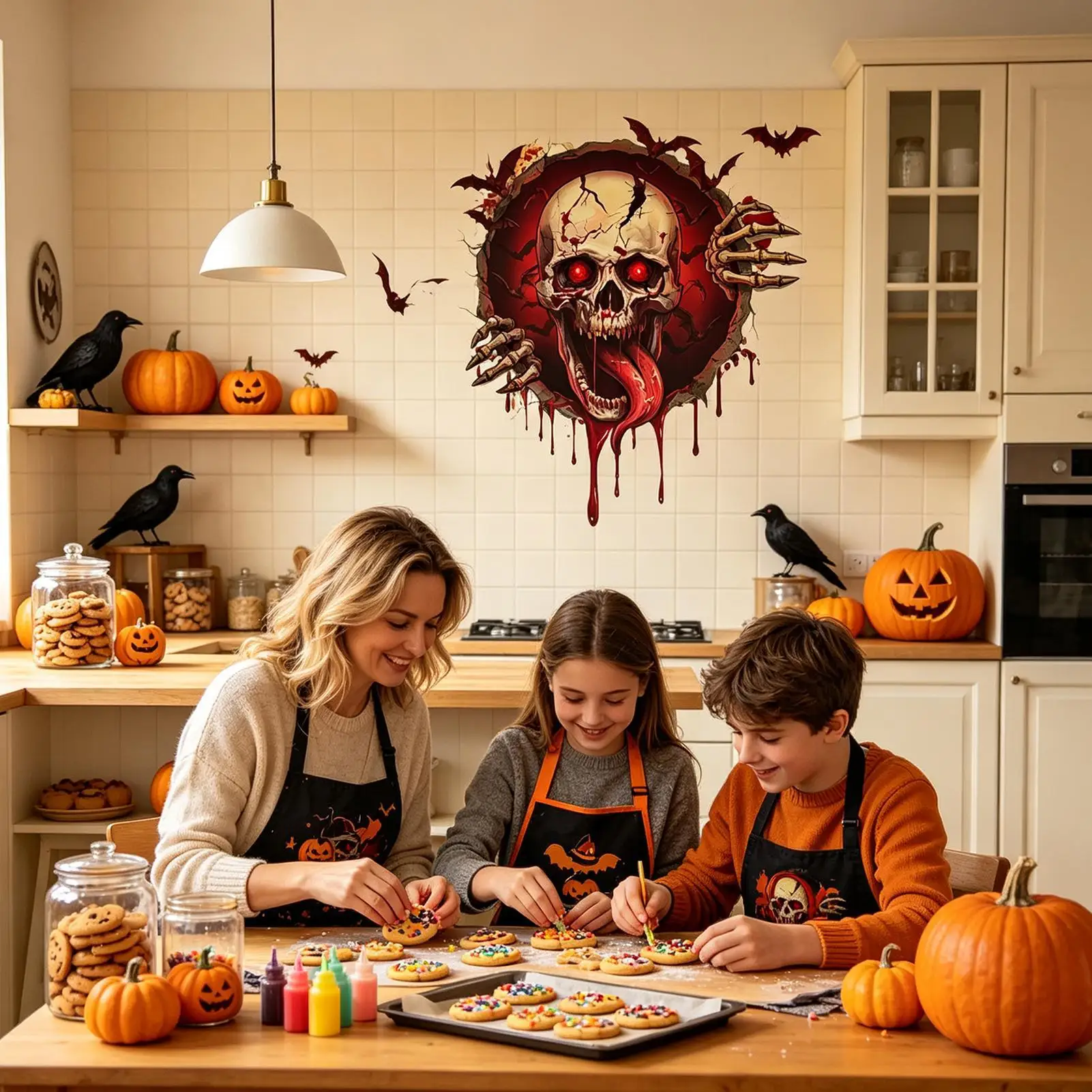 3D Effect Breaking Wall Skull Wall Stickers Self Adhesive Removable Bloody Hand Bat Decor for Home Apartment Door Window