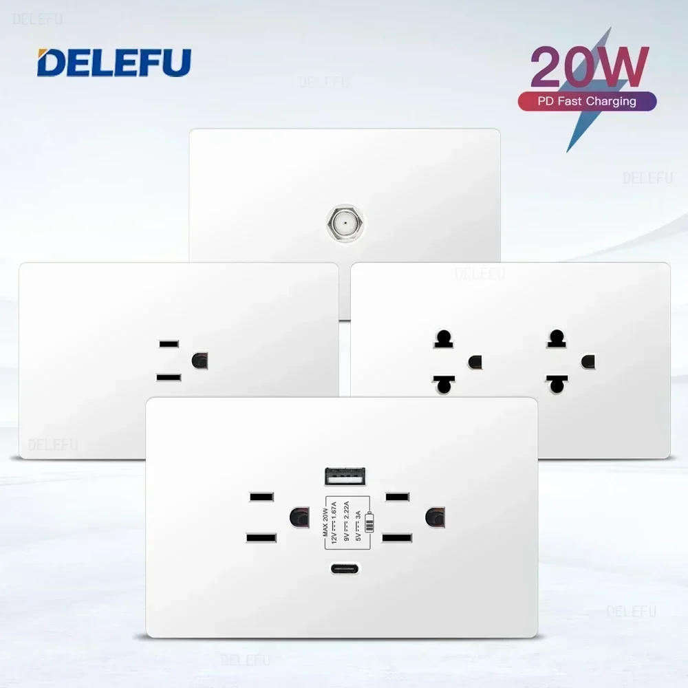 DELEFU Flame Retardant White PC Panel Mexico Standard Type C Fast Charging US Socket 124*76mm Wall Socket Switch