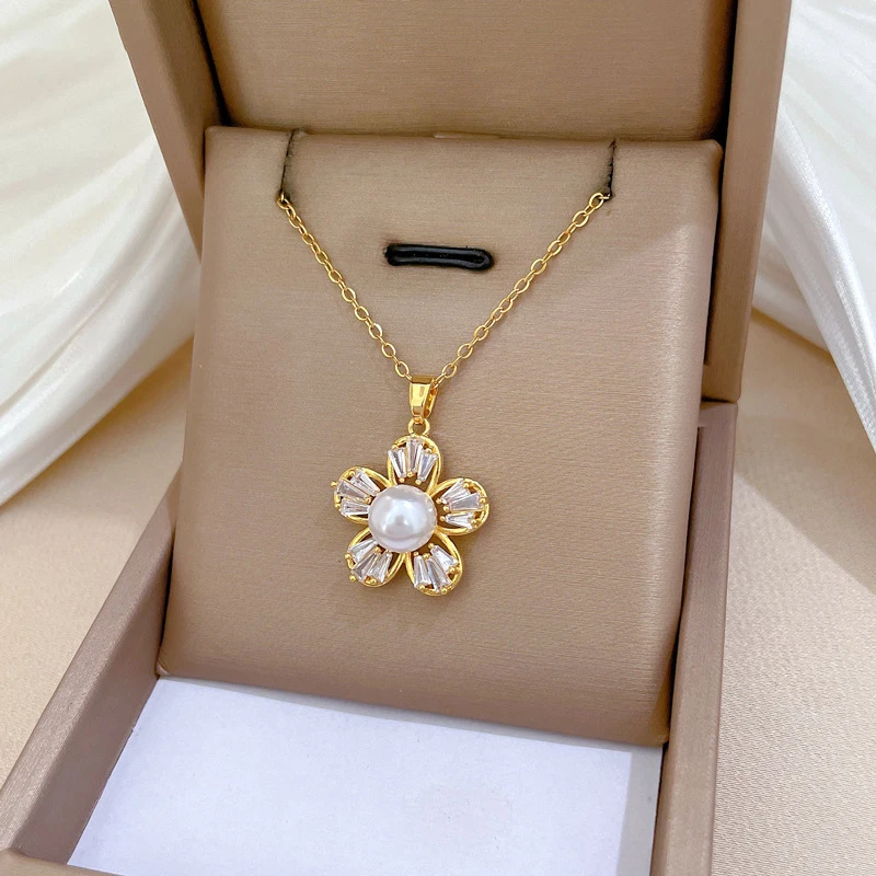 XIYANIKE 316l Stainless Steell Necklace Earring Set  Exquisite Luxury Pearl Crystal 5-Leaf Flower Clavicle Chain Ear Studs Group
