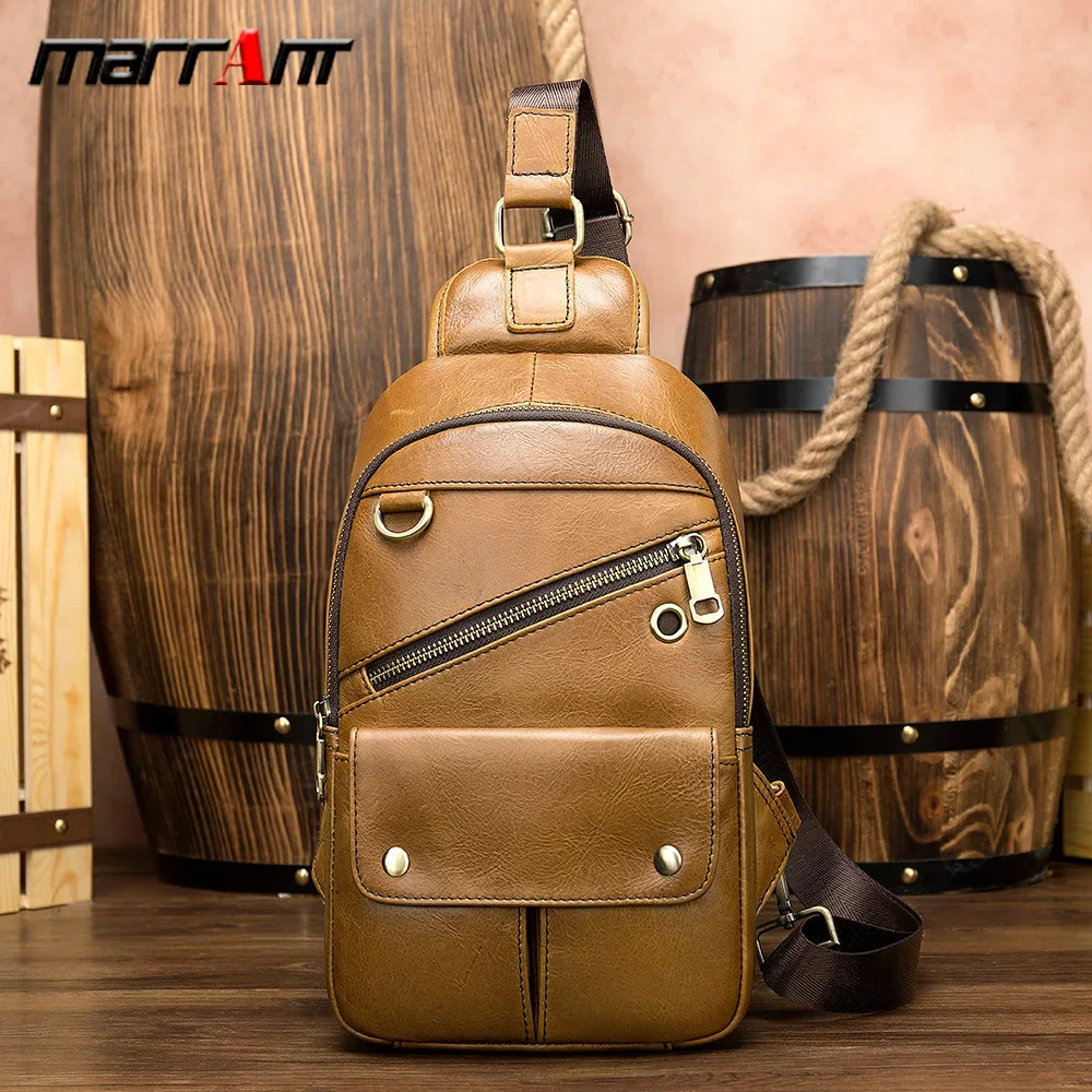 New top layer cowhide men's outdoor crossbody chest bag, sporty and casual single shoulder chest bag, trendy