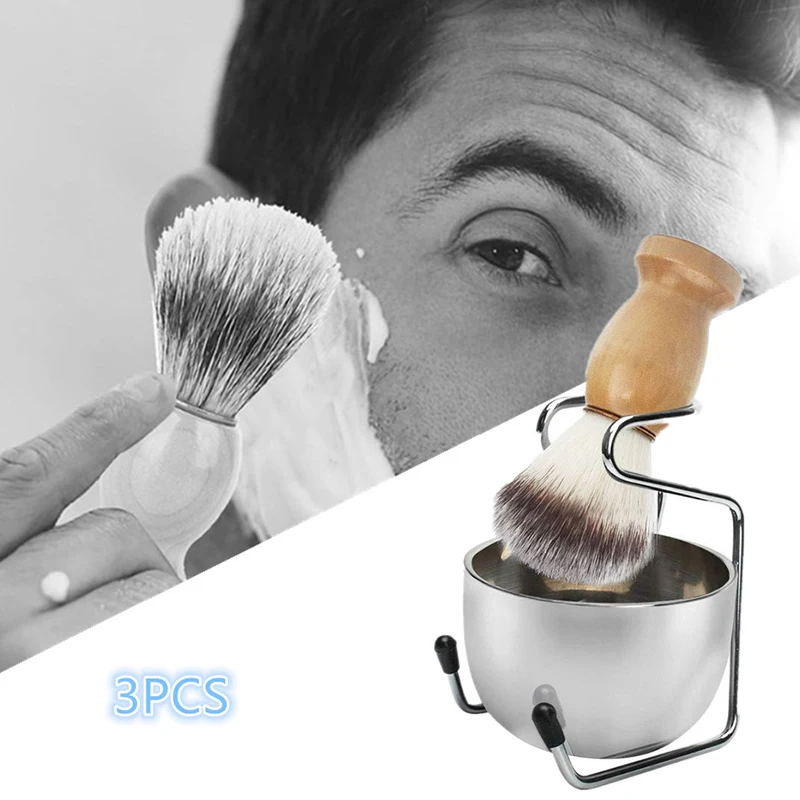 

Mens Shaving Brush And Bowl Set 3-in-1 Shaving Brush Kit Wood Handle With Stainless Steel Shaving Bowl Brush Standas