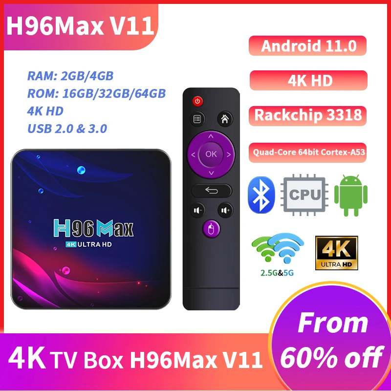 H96 Max V11 Smart TV BOX Android 11 4G 64G Rockchip 3318 4K Google 3D Video BT4.0 Поддержка мыши и клавиатуры Set Top Box RK3318