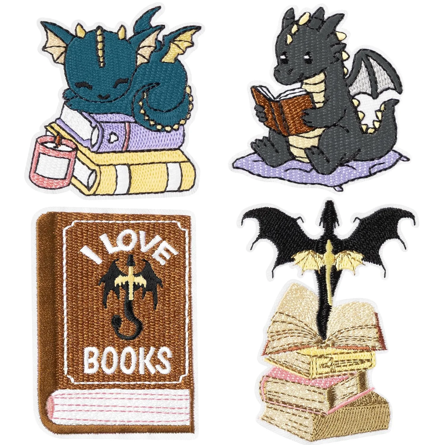 1 pièce Patchs brodés en tissu Dragon 'Love Book' et Dinosaure 'Reading', Étiquette brodée thème livre, Décoration pour vêtements et sacs