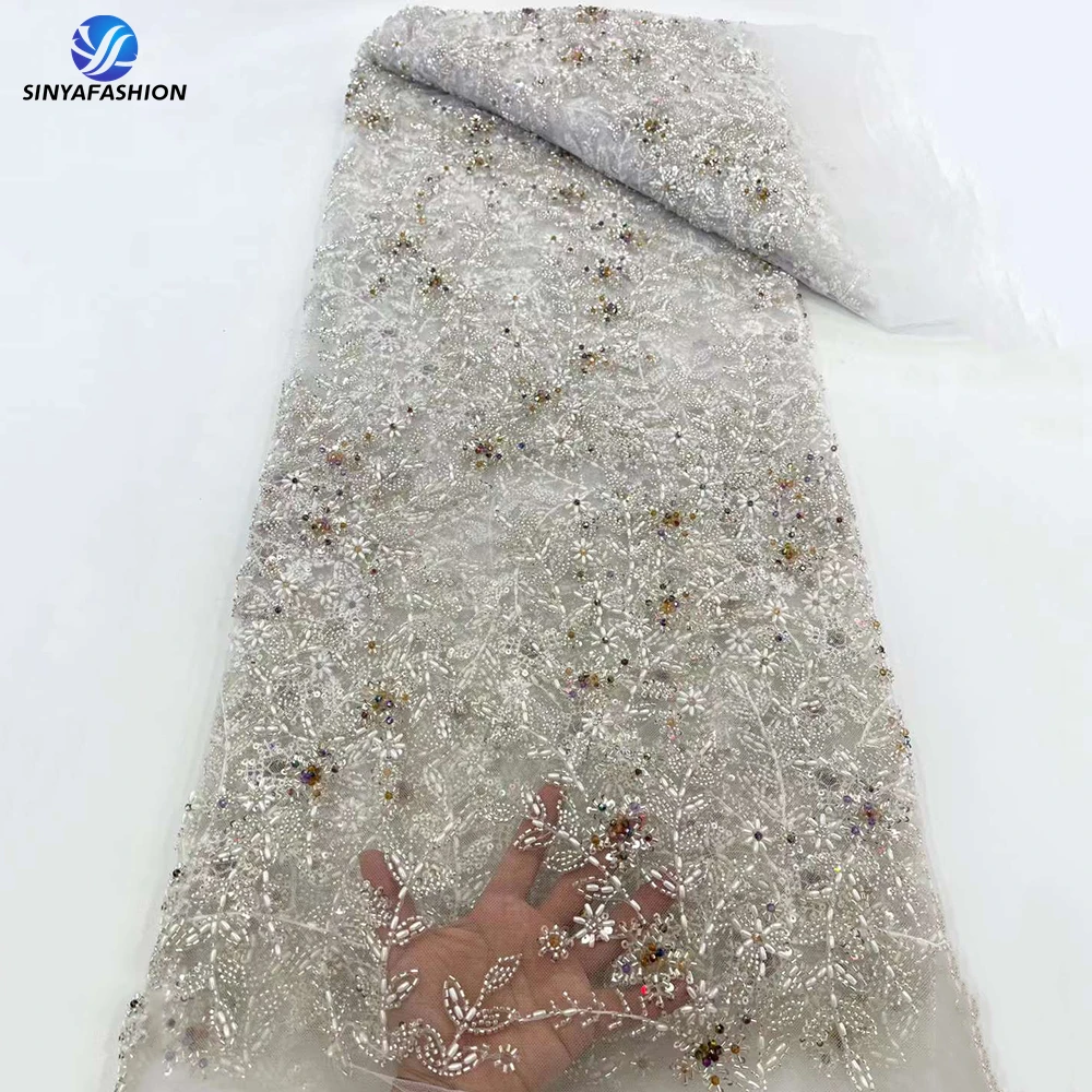 Sinya Crystal Pearls Sequins Beads Lace Fabric Bridal Groom Wedding Dress Lace High Quality Luxury Heavy Hand Beaded Lace Fabric