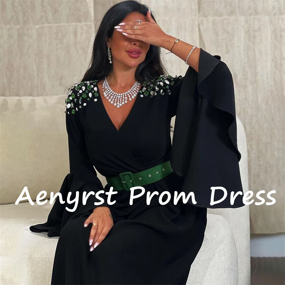 Aenyrst Black V Neck Long Flared Sleeves Saudi Arabia Evening Dresses Mermaid Crystal Split Prom Dress Ankle Length Party Gowns