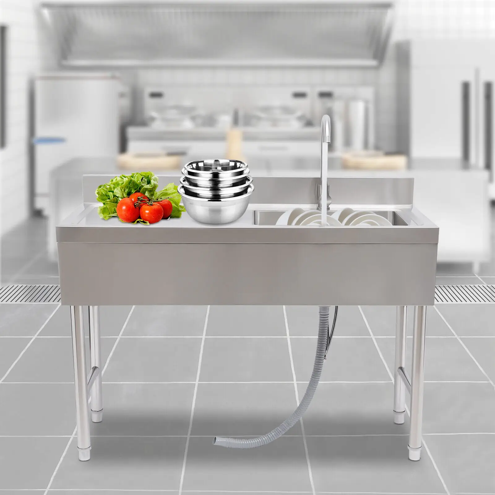 自立型シングルボウルキッチンレストランシンク（蛇口と水切り台付き作業台）
