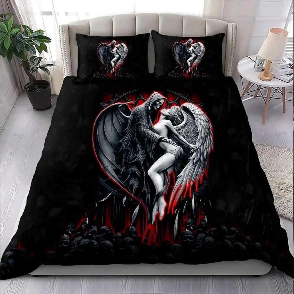 Skull and Beauty Duvet Cover Set Full Size Gothic Sugar Skull Angels and Demons Bedding Set with Pillowcase Twin Double Bed Sets