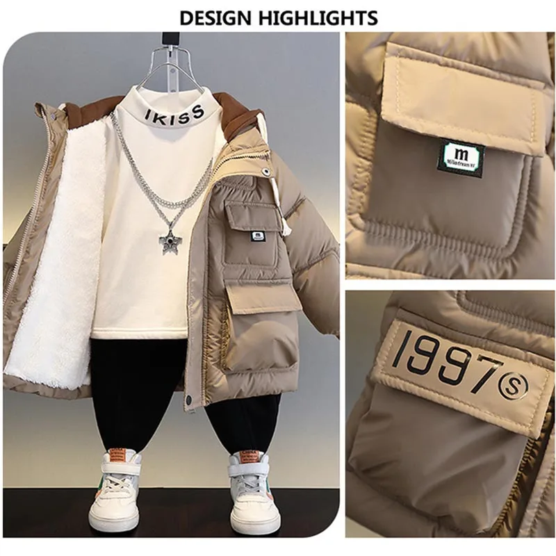 Kids Winter New Thick Keep Warm Boys Jacket Linning With Velvet Waterproof And Stain-resistant Artificial Leather Coat 4-12 Y