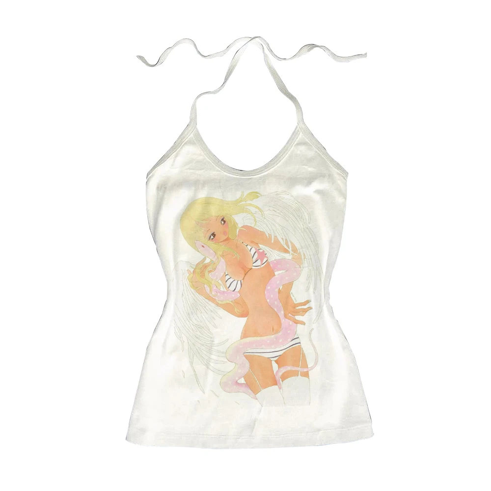 Y2K Anime Angel Girl Pink Snake Print Women Long Sleeve T‑Shirt Retro Manga Aesthetic Ladies Tops