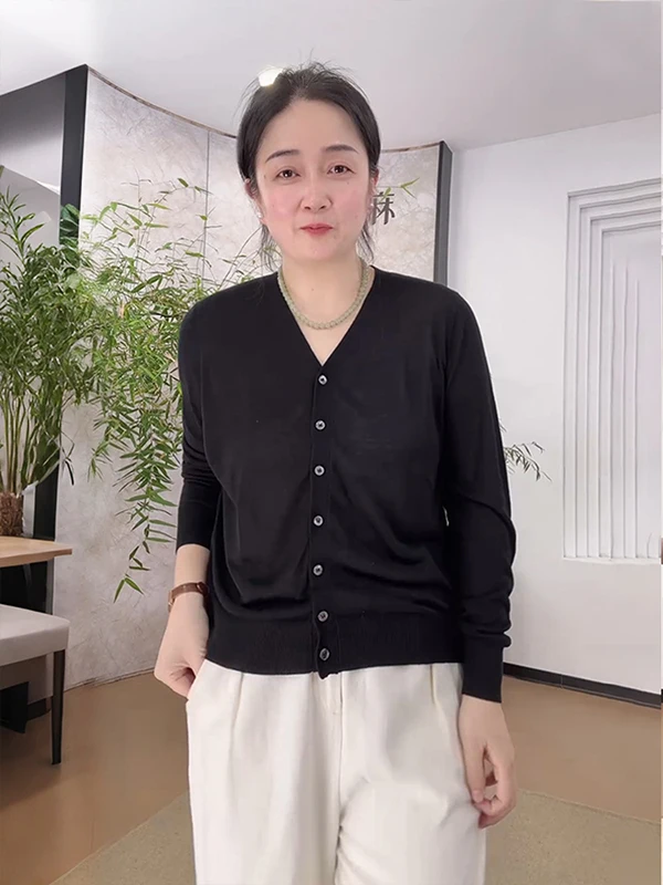 

Mashang 60-Strand Cotton Linen Thin Knitted Jacket Women's Spring V-Neck Long Sleeve Base Open Cardigan Casual Style Pure Color