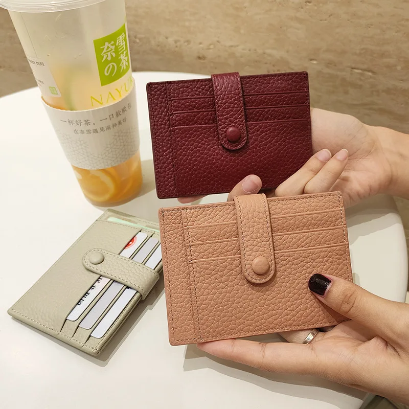 

Snap button closure Mini slim Genuine Cow Leather Bank Business Id Card Holder Wallet Case For women men Multi card Mini Wallet