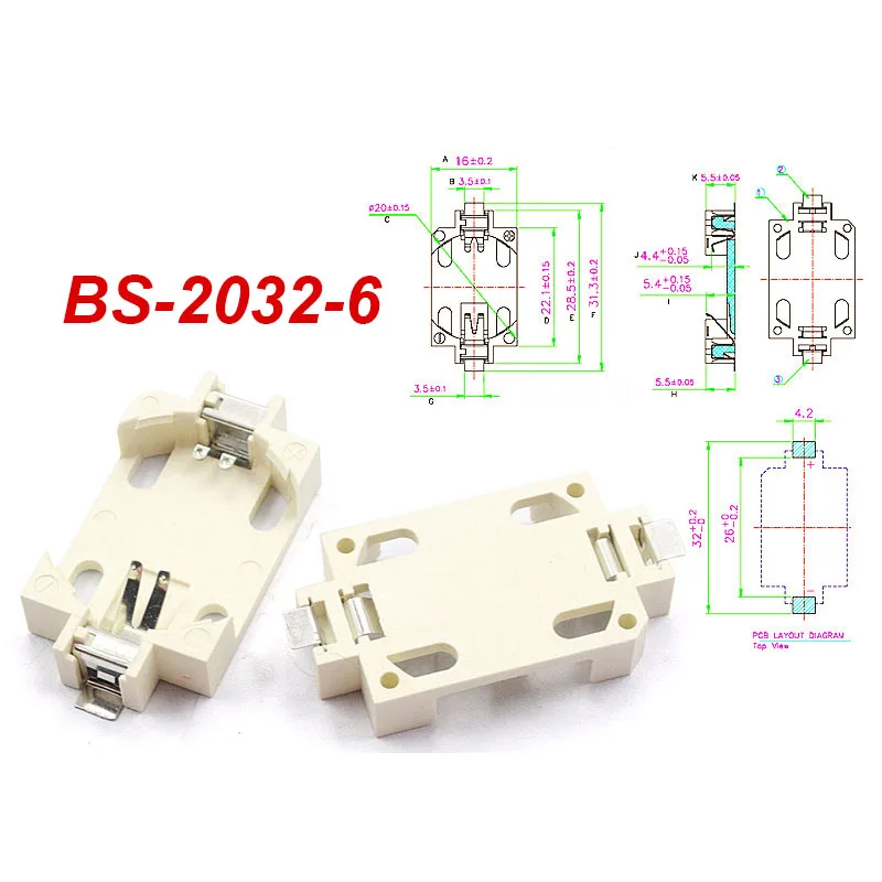 YUXI 10PCS SMD SMT CR2450 CR2032 CR2025 CR1220 3V Battery Button BS-2032/1220/1616 Cell Coin Battery Holder Socket Case Box