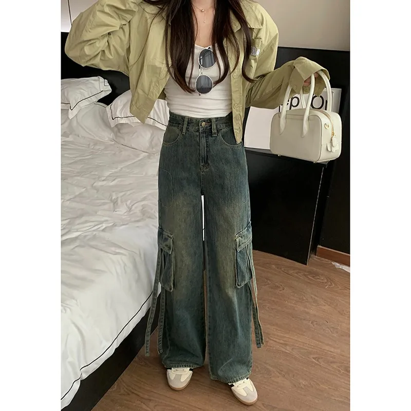 

ZHISILAO Vintage Straight Jeans Women Y2K Casual Pocket Wide Leg Full Length Denim Pants Streetwear 2024