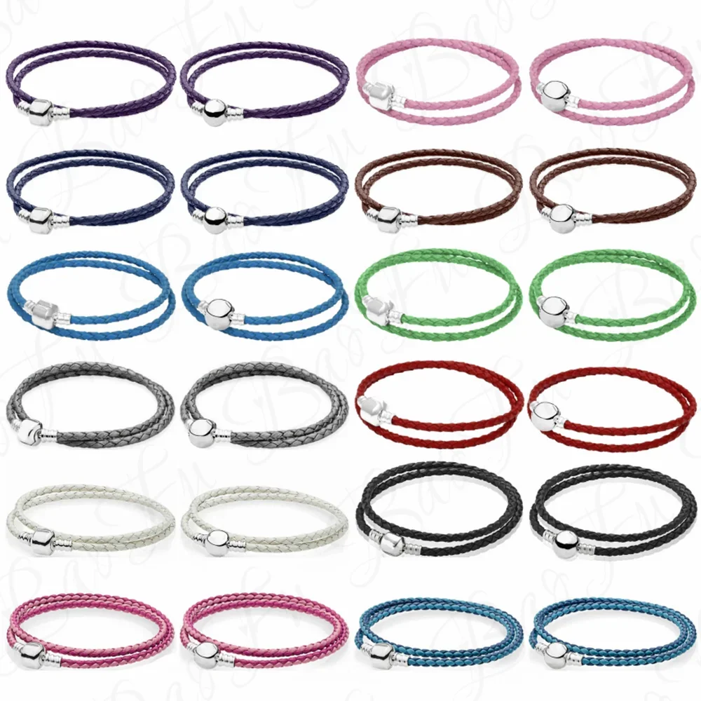 

Square Round Buckle 925 Sterling Silver Leather Bracelet 12 Colors Woven for Original Feminine Glamour DIY European Jewelry