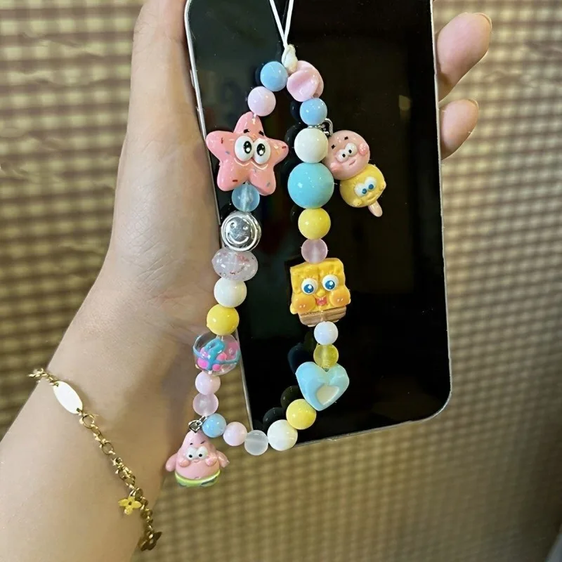 SpongeBob Cell Phone Chain Bag Charm Patrick Cartoon Telephone Hanging Cord Anti-Drop Anime Hanging Rope Beads Pendant Jewelry