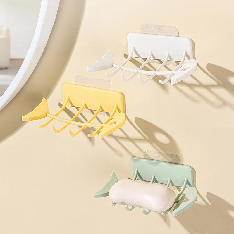 صندوق صابون مثبت على الحائط صندوق صابون مجاني للمرحاض على شكل عظمة السمك صندوق تصريف الصابون رف تخزين الحمام المنزلي