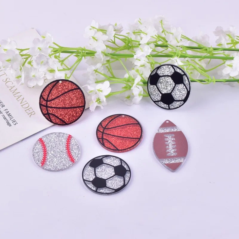 Glitter Acrylic Basketball Football Baseball Charm Flat Back Epoxy Sport Pendant for DIY Earrings Jewelry Making 5PCS