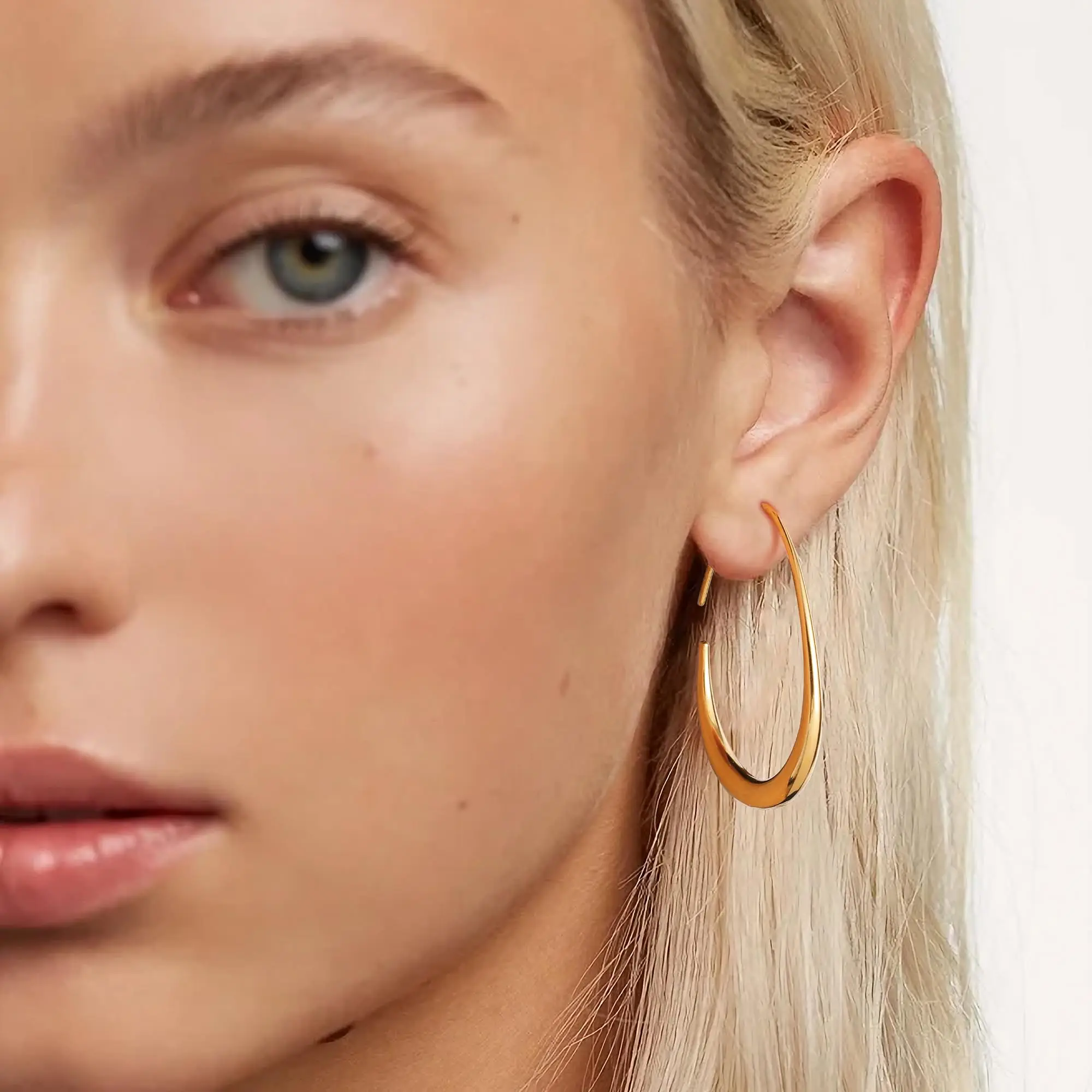 Shevalues Teardrop Hoop Earrings for Women New 14K Gold Plated Oval Pull Through Hoops Women Girls Popular Gold Drop Earring