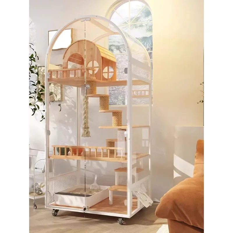 

-Meow Zan French Arched Cat Villa with Low Feet Cat Luxury Panoramic Tempered Glass House Solid Wood High end Cat Cage Cabinet