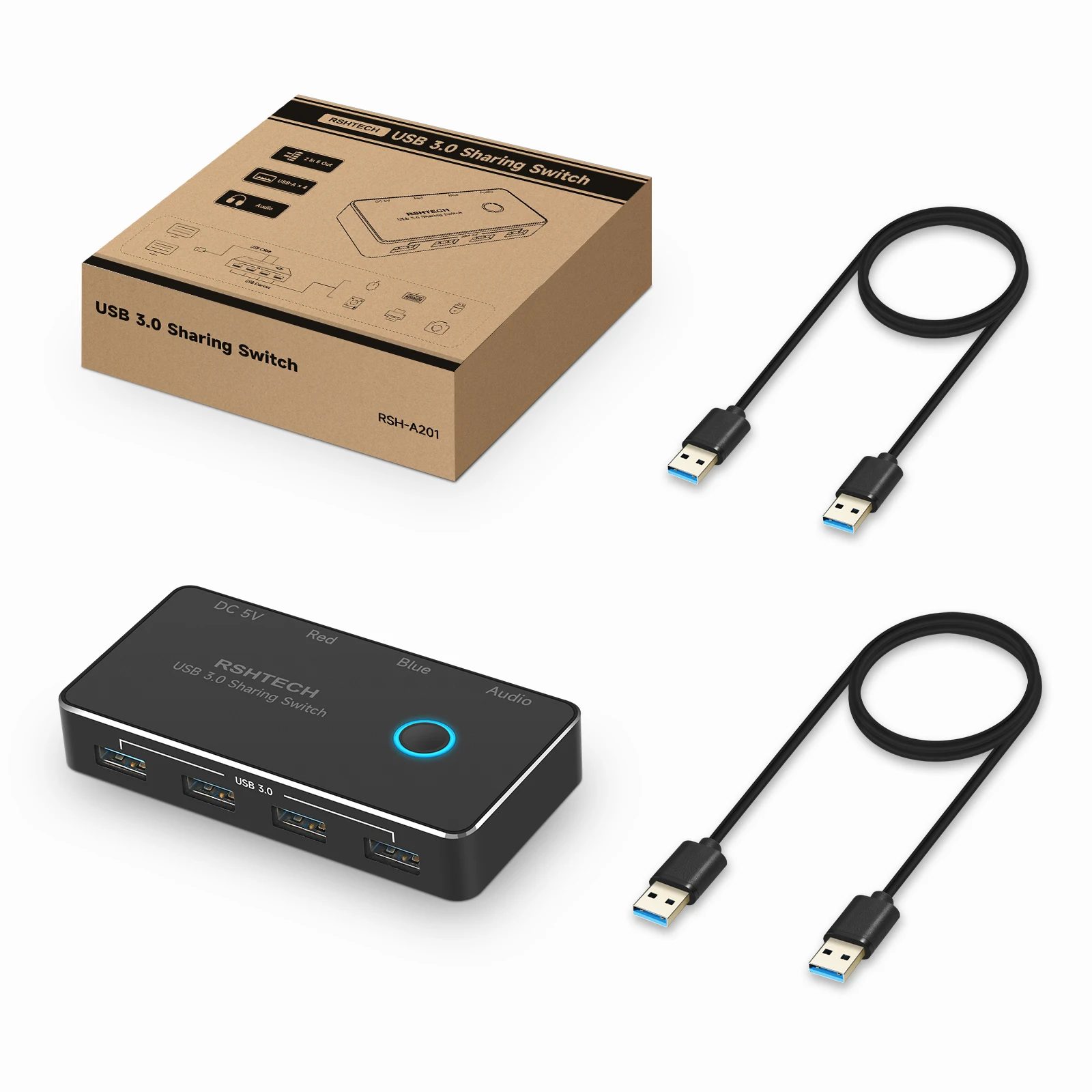 RSHTECH USB 3.0 Hub Switch Selector with 4 USB 3.0 Ports Aluminum 2 Computers Sharing 5 Peripheral Devices USB KM Switcher Hub