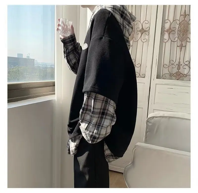 Fake Two-piece Patchwork Hooded Sweatshirt For Men Autumn Loose Long Sleeved Hoodie Tops Streetwear Hong Kong Style Fashion Coat