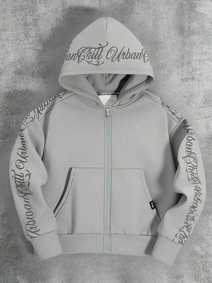 

Серый оверсайз худи на молнии с принтом-надписью, повседневный уличный стиль для подростков