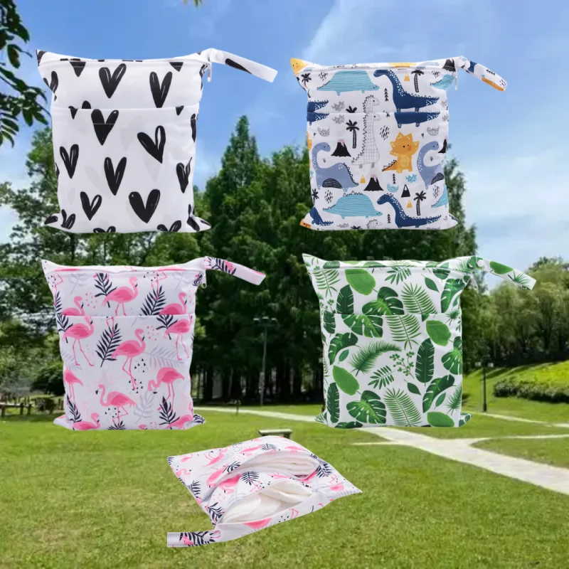 Washable Wet and Dry Separation Bag Double-Layer Design Baby Diaper Bag Printing Handheld Clothing Storage Bag for Going Out Car