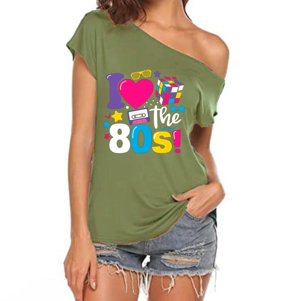 XUANSHOW 2024 Sommer I Love the 80s Emotional Element T-Shirt Sexy Off Shoulder Tops Kurzarm Buchstaben bedrucktes T-Shirt – Detail 18