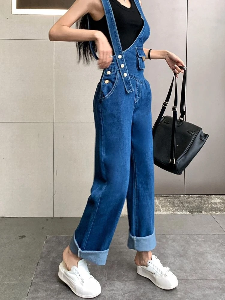 

Women‘s Denim Overalls With Asymmetric Waist Bag Straight Wide Leg Metal Slim Fit Casual Jumpsuit Spring Summer New