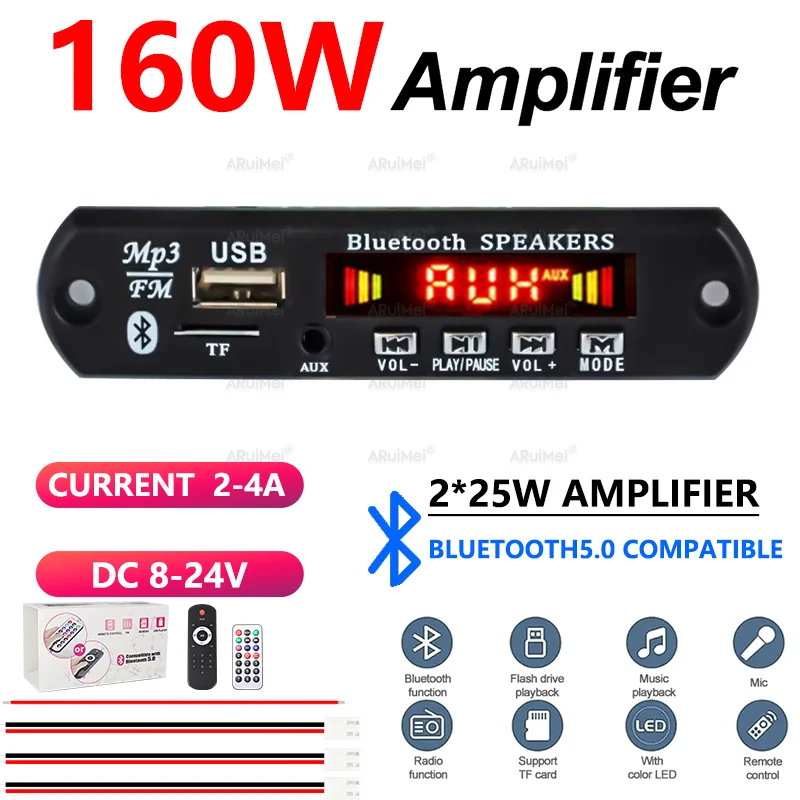 2x80W Bluetooth 5.0 Amplifier Kit with Black Case & Remote DC 8-24V for Car Home FiiO, Valeton GP-200, Ampero II, Powerful Audio