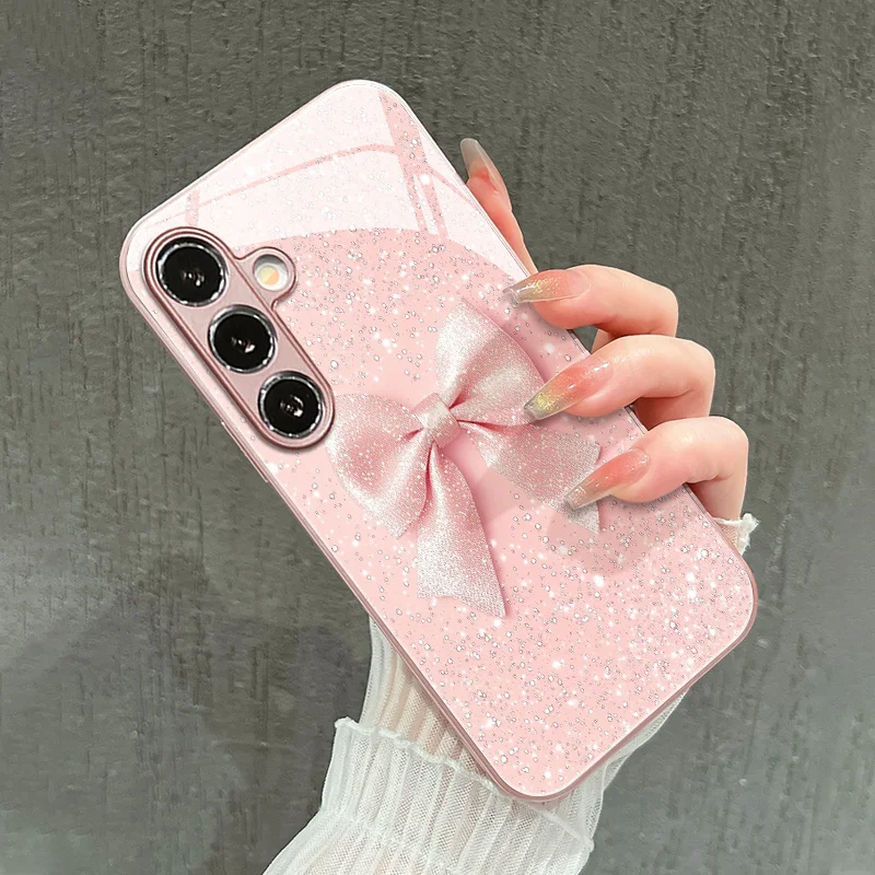 Shining bow pattern glass phone case suitable for Samsung Galaxy S26 S25 S24 S23 S22 S21 S20 FE/Ultra/Plus anti drop back cover