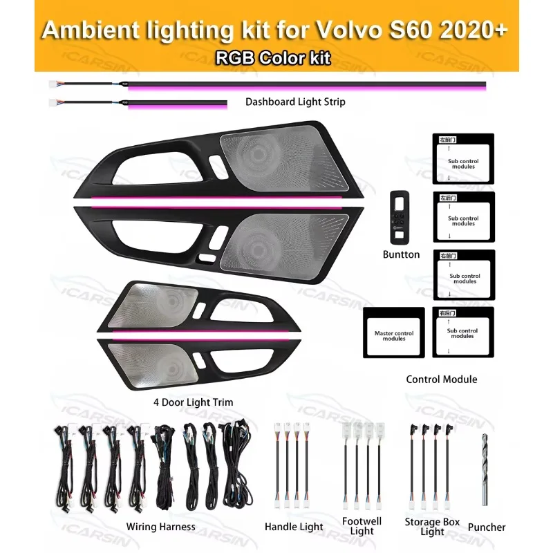 

64-цветный комплект для обновления окружающего освещения для Volvo S60 2020+, аксессуары для внутреннего светодиодного освещения автомобиля, декоративная отделка двери