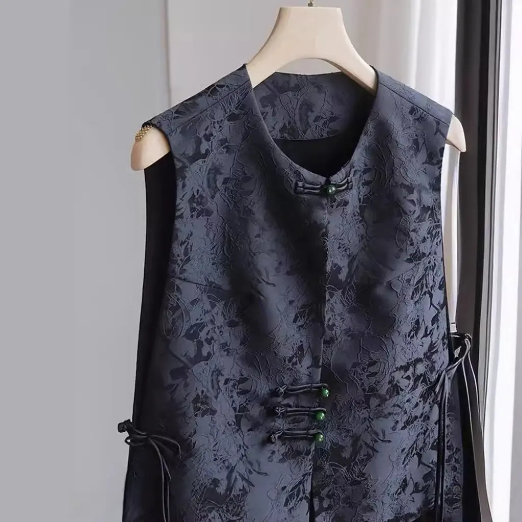 

Women's Chinese Style Vest round Neck Sleeveless Black Top Retro National Style Jacquard Design Summer